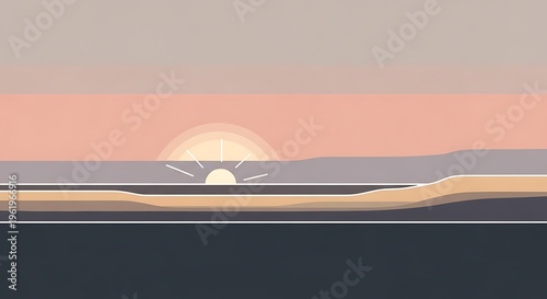 Sunset over serene landscape with hills.