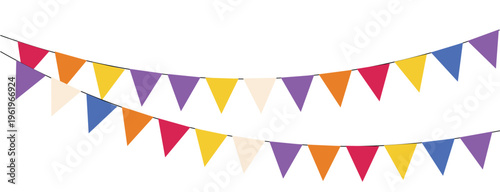 Colorful triangular party flags strung on string.