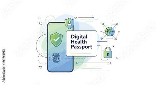 Digital illustration of a smartphone with a digital health passport and icons representing global health and security on World Immunization Week