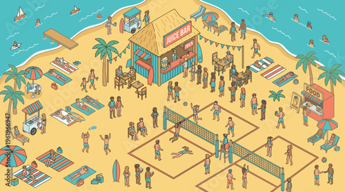 Vibrant Festival Beach Scene with Flat Vector Illustration of People, Sun, and Activities