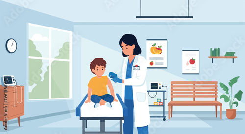 A female doctor examines a young boy on an examination table in a pediatrician's office during world immunization week