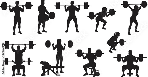 Weightlifting silhouettes, barbell exercises, strength training poses, gym workout, fitness motion, bodybuilding, squat, deadlift, bench press illustration