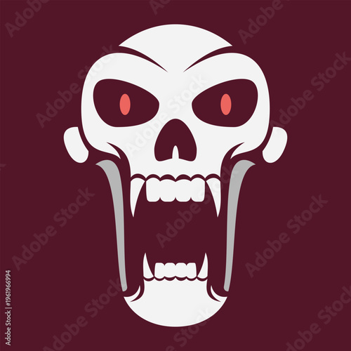 A fierce and imposing illustration of a primate or beast skull. Featuring powerful, long canine teeth and menacing, glowing red eyes, this design radiates danger, strength, and raw aggression