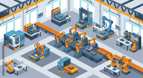 Automated Factory Production Line with Robotic Arms and Machinery.