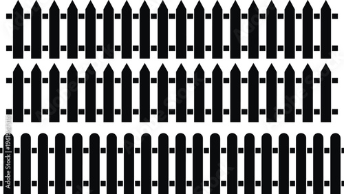 Fence silhouette illustration set, diverse picket designs including pointed and rounded tops representing outdoor architecture theme - flat vector illustration