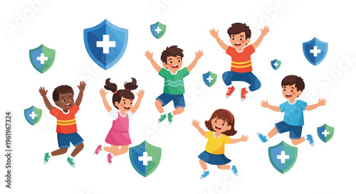 Cartoon illustration of six happy children jumping with shields and crosses for World Immunization Week on a white background with a joyful mood