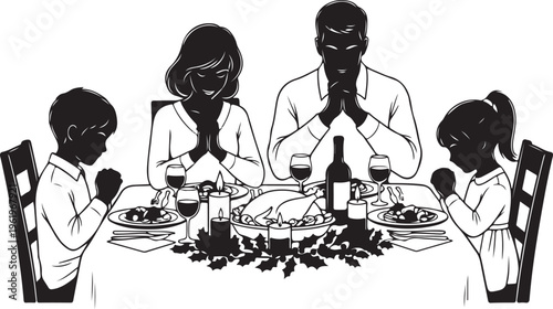 A silhouetted family gathers around a festive dinner table, bowing their heads in prayer before enjoying a traditional holiday meal together.