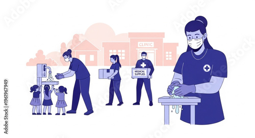 Volunteers supporting children and community during a health crisis.