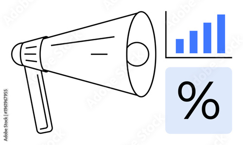 Marketing, data analysis, business strategy, growth tracking, communication, public relations. Illustration shows a megaphone, bar chart and percentage. Marketing and data analysis concept