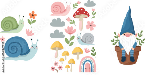 Cute garden gnome with snails, mushrooms and flowers set, whimsical fairy tale elements collection for kids illustration, nursery decor and fantasy vector design