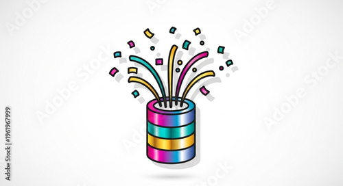 Colorful Confetti Popping from a Striped Party Popper.