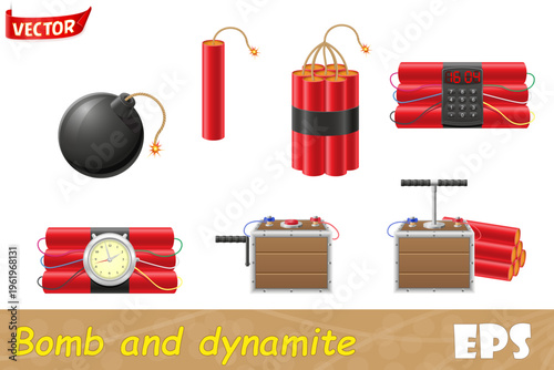 set icons detonating fuse and dynamite cartoon stock vector illustration