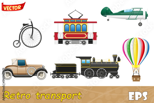 set icons old retro transport cartoon stock vector illustration