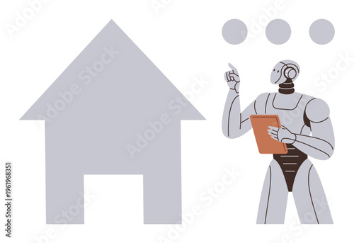 Real estate, home automation, futuristic design, AI development, property inspection, technology solutions. A humanoid robot analyzing a house symbol. Real estate and home automation concept