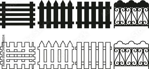 Fence silhouettes, garden icons, decorative barrier shapes, outdoor architecture, wooden fence design elements, wrought iron fences, property boundary art, flat vector illustration