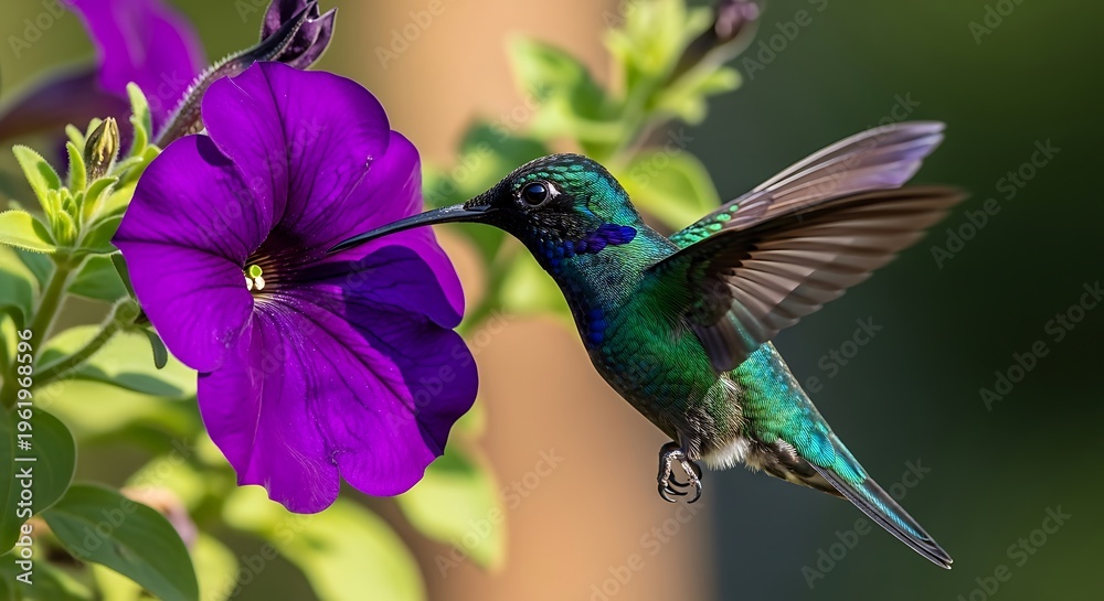 Obraz premium Hummingbird Feeding on a Vibrant Purple Flower in Natural Light.