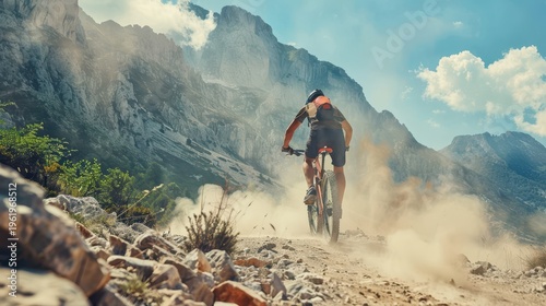Mountain biker stopping at rocky peak admiring scenic mountain range view