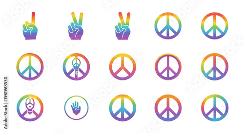 A collection of colorful rainbow gradient peace signs and hand gesture icons for social messaging