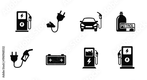 A collection of black icons representing electric vehicle charging and traditional fuel stations