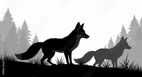 Two foxes walking in forest landscape.