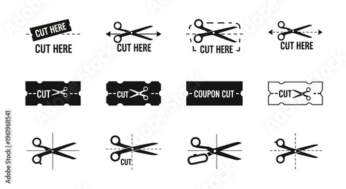 A collection of twelve black and white cut here icons featuring scissors and dashed guide lines
