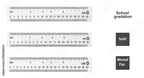 Three different styles of metric rulers with varied graduation markings and design labels displayed