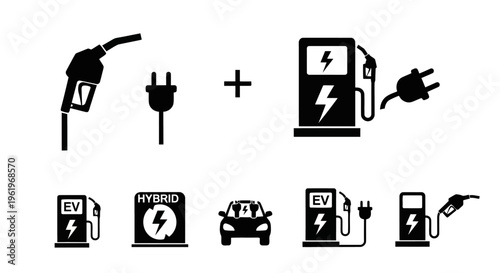 A collection of black icons illustrating the transition from gasoline fuel to electric vehicle power