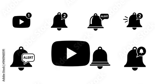A collection of black vector icons representing youtube play buttons and notification bell alerts