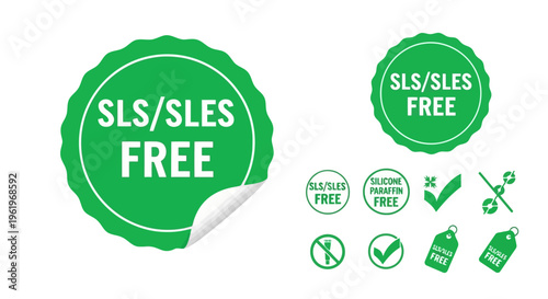A collection of green circular badges and icons indicating that a product is free of sls and sles