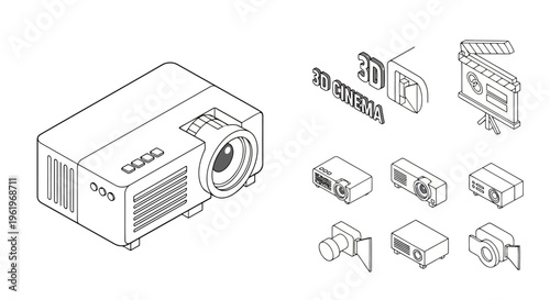 A collection of isometric line art illustrations featuring various digital projectors and media