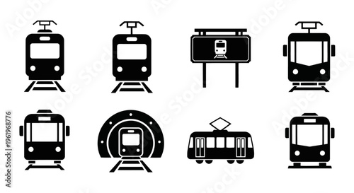 A collection of black and white vector icons depicting various trains and railway transportation