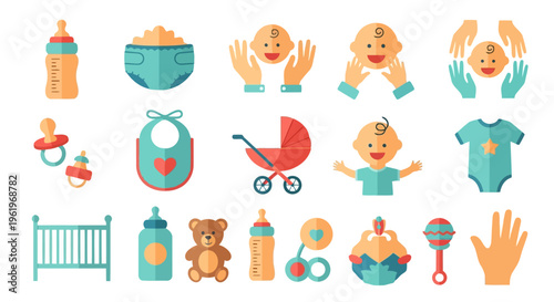 A collection of colorful flat vector icons representing various essential baby care items and toys