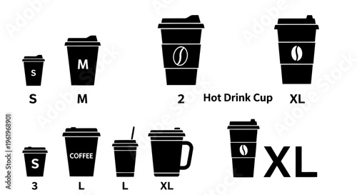 A collection of various sizes of disposable coffee cups displayed as black silhouette icons set