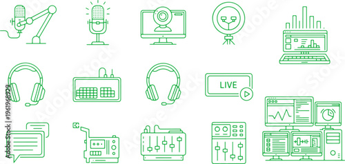 Collection of icons representing audio and video production equipment and tools