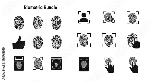 A comprehensive set of black biometric technology icons for digital security and identification systems