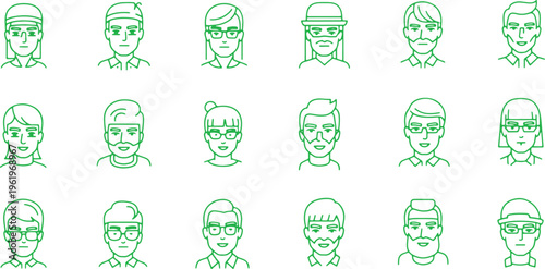 Diverse collection of stylized line-drawn avatars with glasses and varied appearances