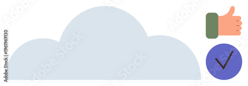 Cloud computing, digital trust, approval processes, online security, data validation, internet reliability. Gray cloud with a thumbs-up and a checkmark symbol. Cloud computing and digital trust ideas