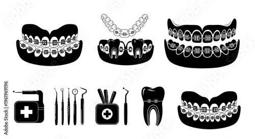 A collection of black dental icons featuring orthodontic braces and professional medical tools