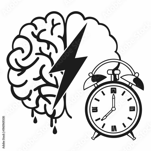 Brain with a lightning bolt next to an alarm clock