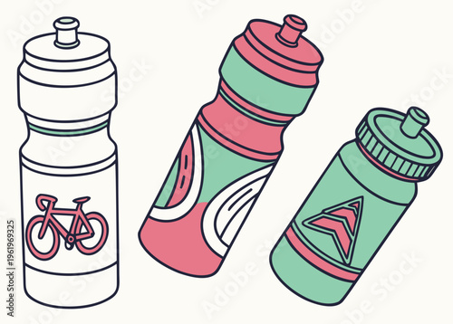 Vector illustration set of bicycle plastic bottle for water in different shaps and colors. Container water bottles for sport. Natural and healthy lifestyle concept, water bottled container liquid icon