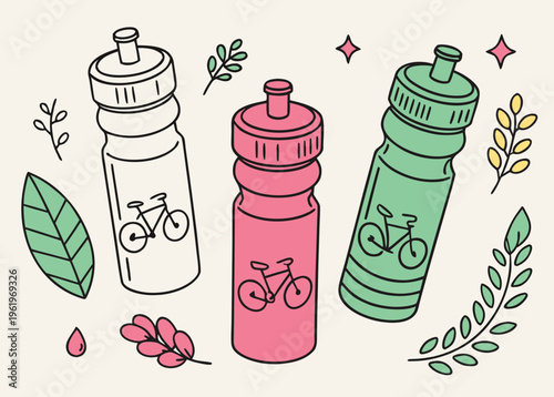 Vector illustration set of bicycle plastic bottle for water in different shaps and colors. Container water bottles for sport. Natural and healthy lifestyle concept, water bottled container liquid icon