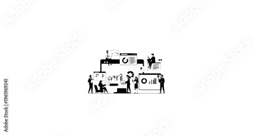 Modern business strategy and technology vector illustration with team planning analytics marketing and startup workflow isolated on white backgroun