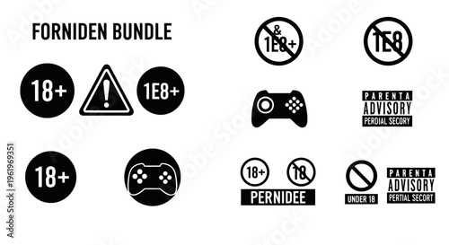 A collection of black and white icons representing age restrictions and gaming content warnings