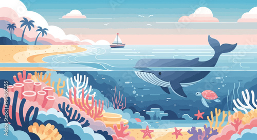 Flat Save The Ocean Landscape Illustration with Sea Animals Beach and Boat Environment Concept