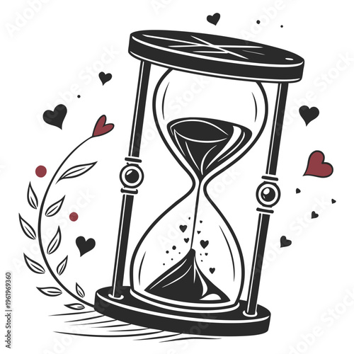 Black and white illustration of an hourglass with hearts