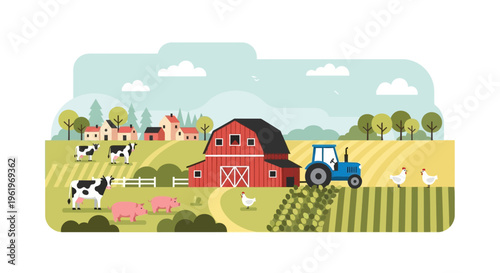 Farm Agriculture Flat Landscape with Barn Tractor Field Village Illustration