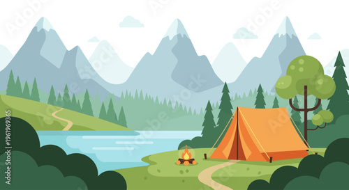 Eco Tourism Flat Landscape Camping Hiking Mountain Lake Nature Illustration