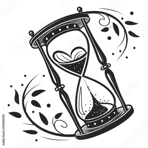 A black and white illustration of an hourglass
