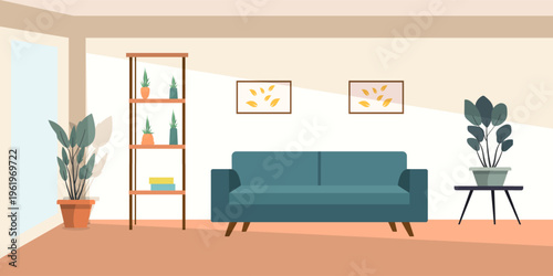 Modern Living Room Interior with Green Sofa and Minimalist Flat Design