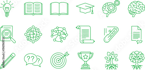 Collection of icons representing education, knowledge, and personal development